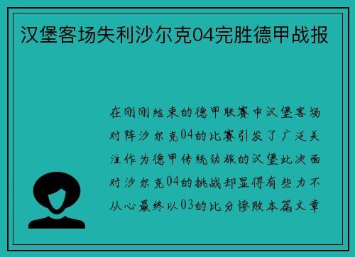 汉堡客场失利沙尔克04完胜德甲战报