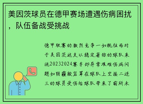 美因茨球员在德甲赛场遭遇伤病困扰，队伍备战受挑战
